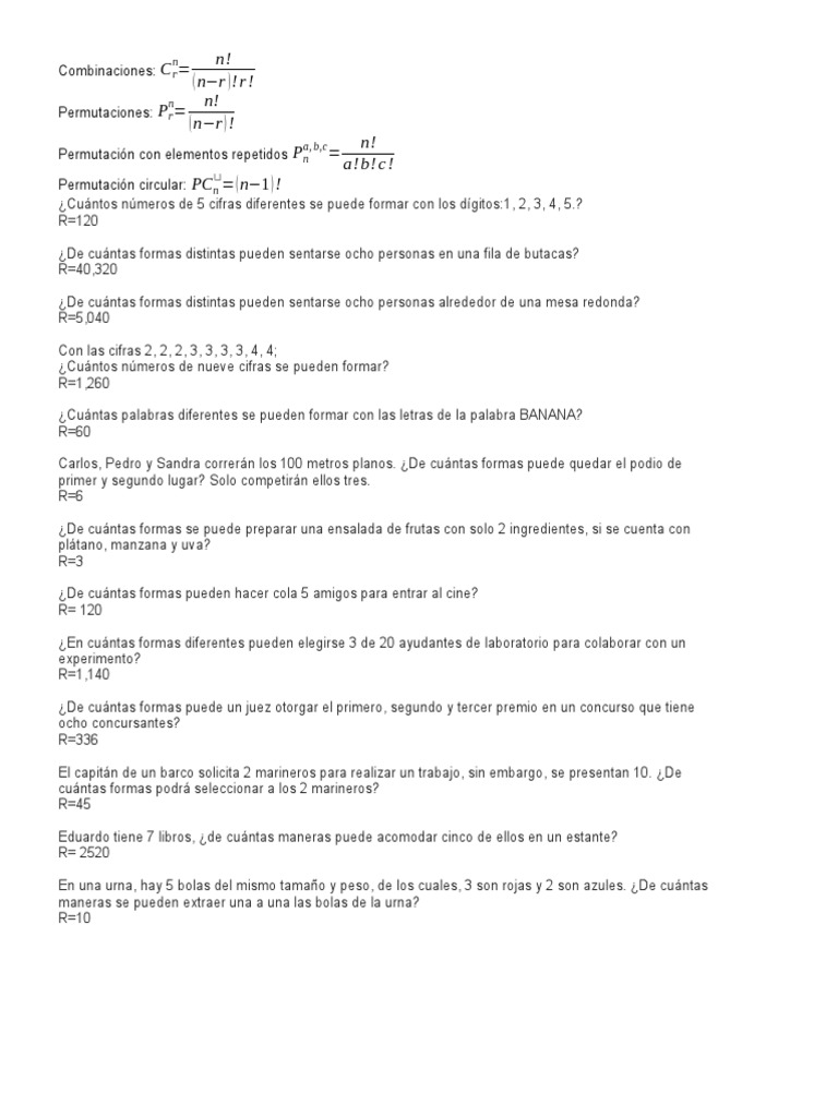 Ejercicios de Combinaciones y Permutaciones | PDF | Métodos y ...
