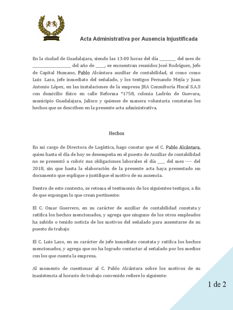 Acta de Inasistencia Injustificada | PDF