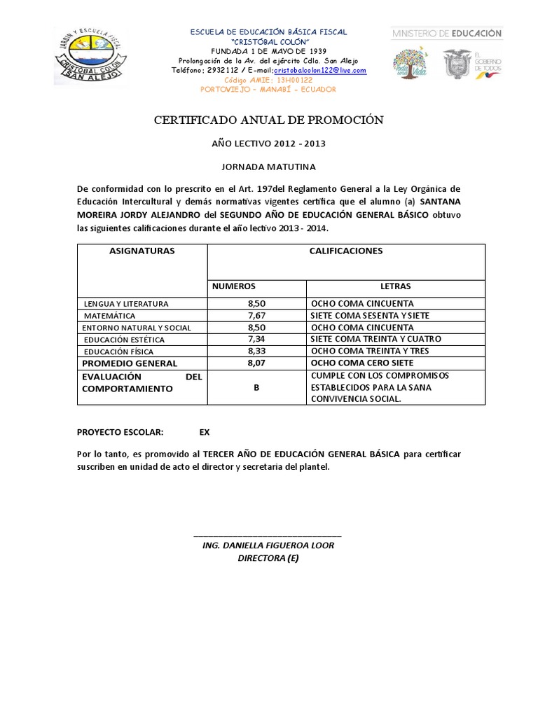 Certificado Anual de Promoción Escolar | PDF | Science