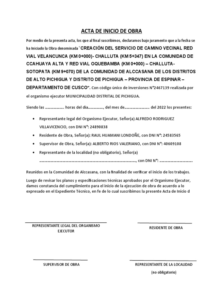 Acta de Inicio de Obra en Pichigua | PDF