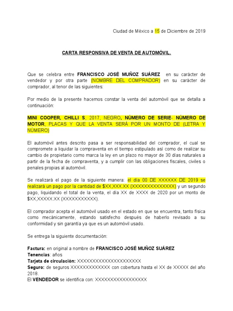 Carta Responsiva De Compraventa De Automovil Pdf