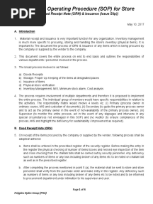 Standard Operating Procedure (SOP) For Store: (Good Receipt Note (GRN) & Issuance (Issue Slip) )