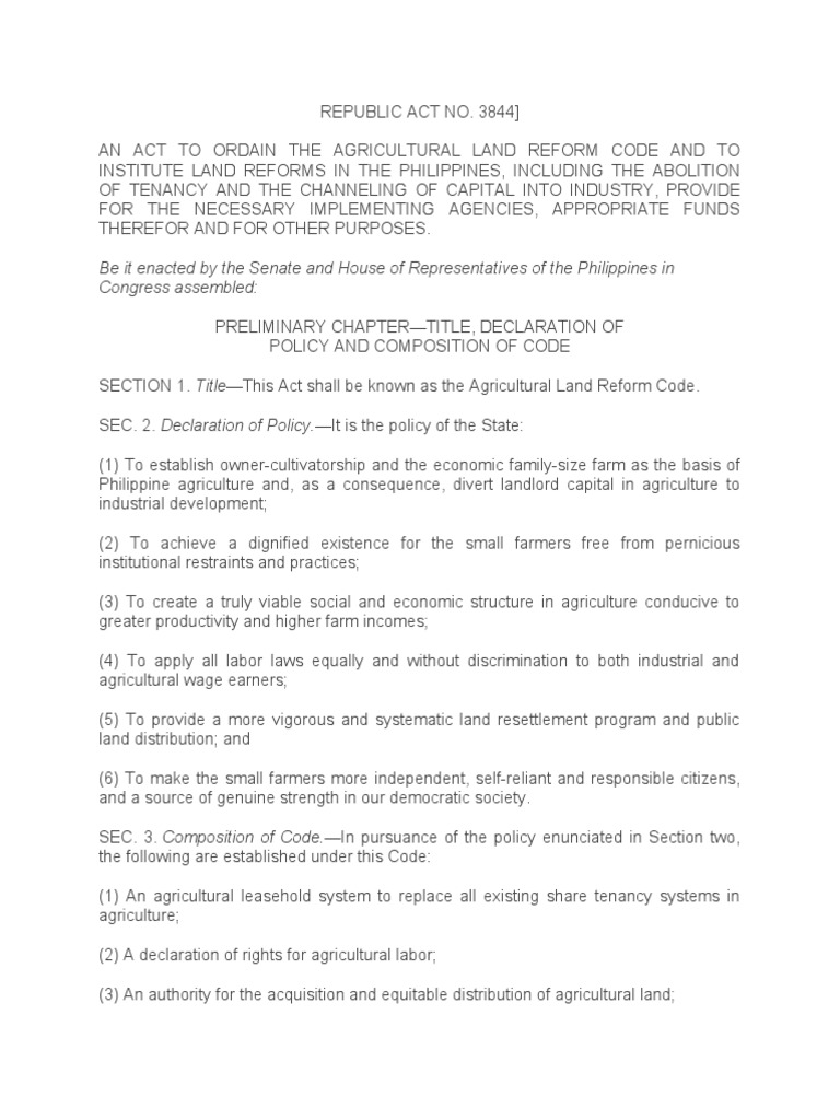 The Agricultural Land Reform Code Establishing an Agricultural