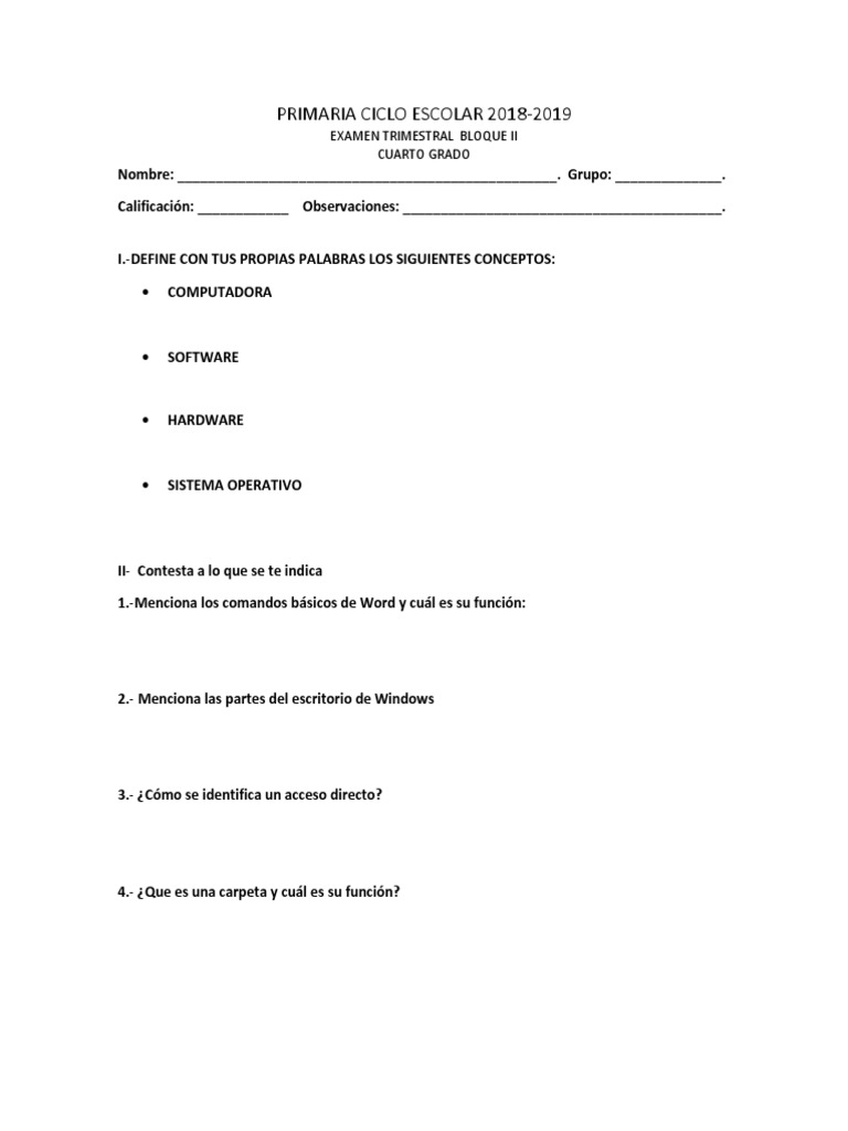 Examen de Informática Cuarto Grado 2018-2019 | PDF | Hardware de la ...