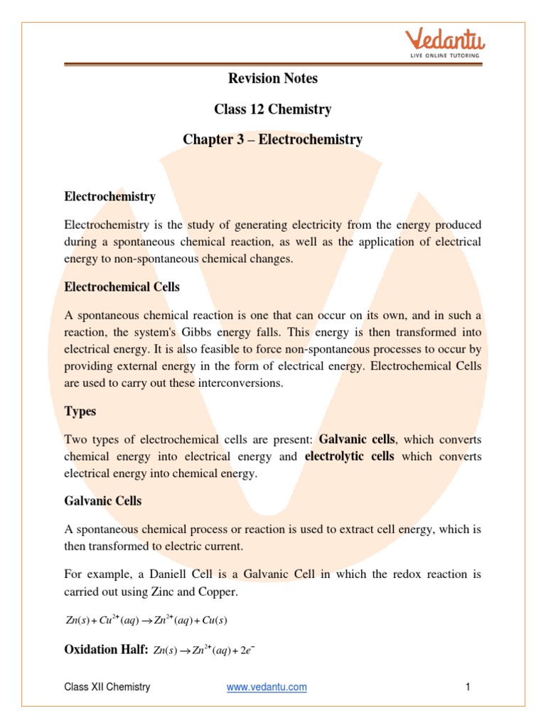Class 12 Electrochemistry Notes | PDF | Electrochemistry | Redox