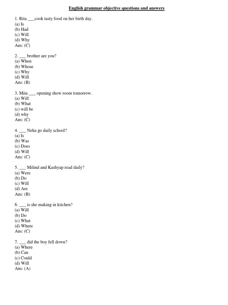 English Grammar Objective Questions | PDF | Teaching Methods & Materials