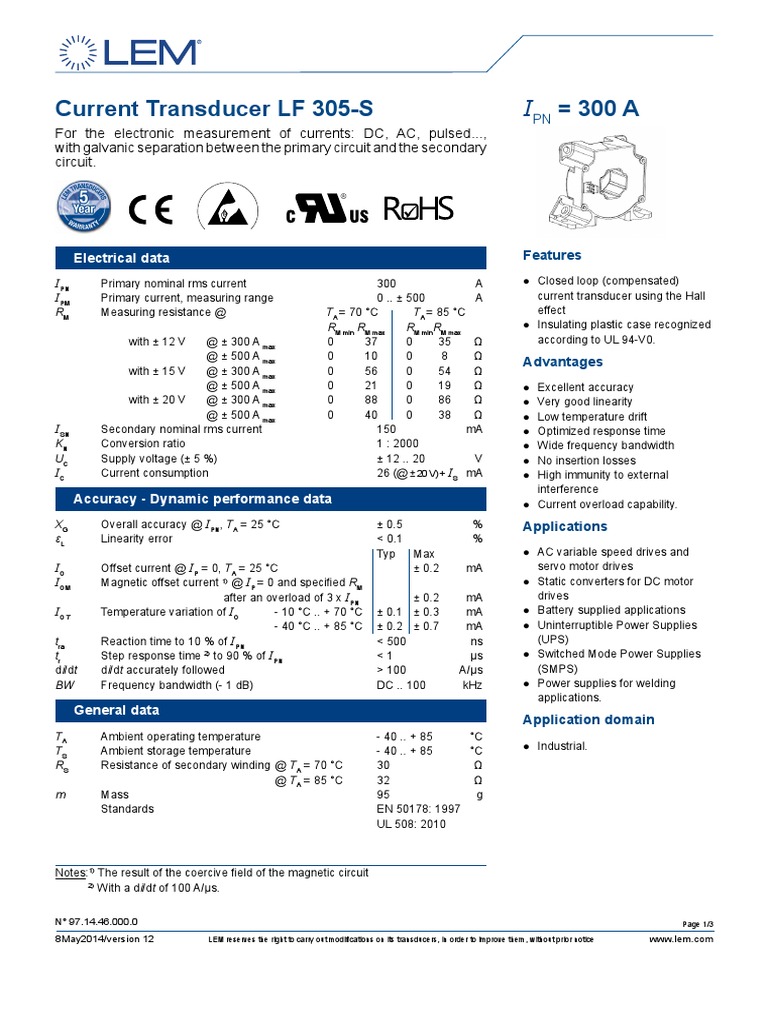 Current Transducer LF 305S 300 A PDF Insulator (Electricity