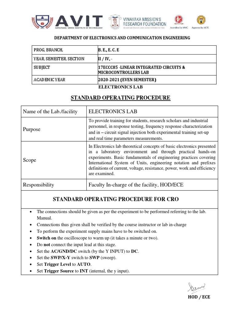 Standard Operating Procedure: Name of The Lab./facility Electronics Lab ...