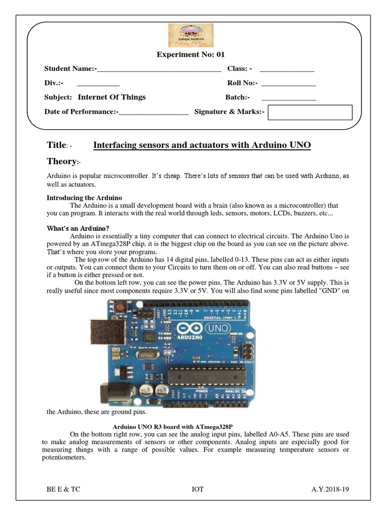 Title Sensors and Actuators With Arduino UNO Theory: Interfacing | PDF ...