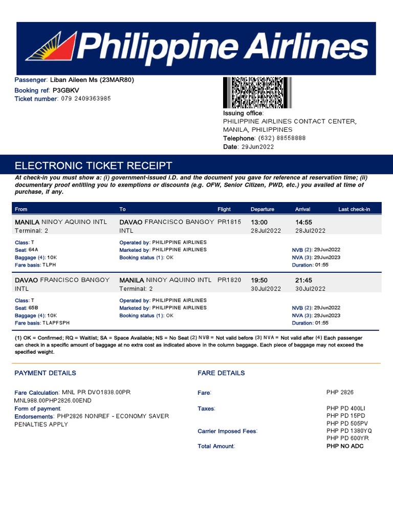 Philippine Airlines Electronic Ticket | PDF | Transport