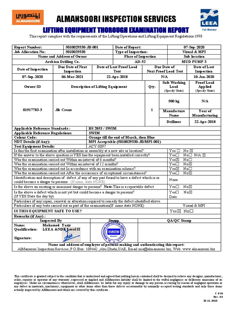 Jib Crane Inspection Report Summary | PDF | Nondestructive Testing ...