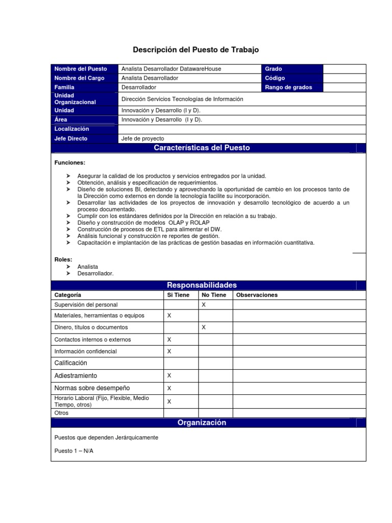 Ejemplo Descripcion Del Puesto de Trabajo | PDF | Almacén de datos |  Calidad (comercial)