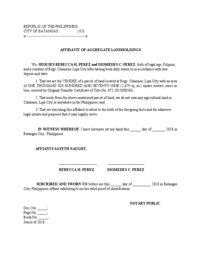 Affidavit of Aggregate Landholdings | PDF | Affidavit | Legal Communication