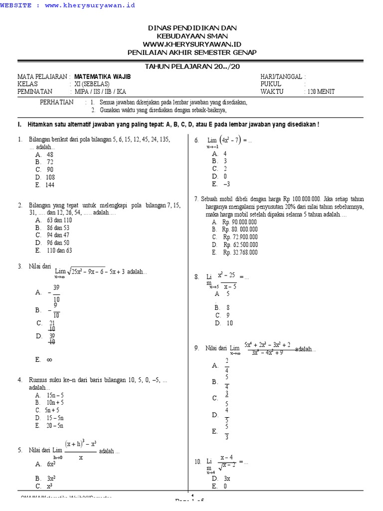 <p>Berikut adalah artikel mengenai contoh soal PAT Matematika Wajib Kelas 11 Semester 2 Kurikulum 2013, disusun dengan outline yang jelas, spasi yang tepat, dan output yang rapi, dengan panjang sekitar 1.200 kata.</p>
<p>” title=”</p>
<p>Berikut adalah artikel mengenai contoh soal PAT Matematika Wajib Kelas 11 Semester 2 Kurikulum 2013, disusun dengan outline yang jelas, spasi yang tepat, dan output yang rapi, dengan panjang sekitar 1.200 kata.</p>
<p>“></p>
<p><strong>Outline Artikel:</strong></p>
<ol>
<li>
<p><strong>Pendahuluan</strong></p>
<ul>
<li>Pentingnya PAT dalam Evaluasi Belajar</li>
<li>Ruang Lingkup Materi Matematika Wajib Kelas 11 Semester 2 (K13)</li>
<li>Tujuan Artikel</li>
</ul>
</li>
<li>
<p><strong>Program Linear</strong></p>
<ul>
<li>Konsep Dasar Sistem Pertidaksamaan Linear Dua Variabel (SPLDV)</li>
<li>Menentukan Nilai Optimum (Maksimum/Minimum)</li>
<li>Contoh Soal 1: Aplikasi Program Linear dalam Masalah Produksi</li>
<li>Contoh Soal 2: Penentuan Nilai Optimum pada Soal Cerita</li>
</ul>
</li>
<li>
<p><strong>Matriks</strong></p>
<ul>
<li>Operasi Dasar Matriks (Penjumlahan, Pengurangan, Perkalian)</li>
<li>Determinan dan Invers Matriks</li>
<li>Penyelesaian Sistem Persamaan Linear dengan Matriks</li>
<li>Contoh Soal 3: Operasi Matriks dan Sifatnya</li>
<li>Contoh Soal 4: Penyelesaian SPLDV menggunakan Matriks</li>
</ul>
</li>
<li>
<p><strong>Transformasi Geometri</strong></p>
<ul>
<li>Translasi (Pergeseran)</li>
<li>Refleksi (Pencerminan)</li>
<li>Rotasi (Perputaran)</li>
<li>Dilatasi (Perbesaran/Penyusutan)</li>
<li>Komposisi Transformasi</li>
<li>Contoh Soal 5: Kombinasi Transformasi Geometri</li>
<li>Contoh Soal 6: Menentukan Bayangan Titik/Garis setelah Transformasi</li>
</ul>
</li>
<li>
<p><strong>Barisan dan Deret</strong></p>
<ul>
<li>Barisan dan Deret Aritmatika</li>
<li>Barisan dan Deret Geometri</li>
<li>Deret Tak Hingga Geometri</li>
<li>Contoh Soal 7: Aplikasi Barisan Aritmatika dalam Pertumbuhan</li>
<li>Contoh Soal 8: Menghitung Jumlah Deret Geometri</li>
</ul>
</li>
<li>
<p><strong>Penutup</strong></p>
<ul>
<li>Tips Persiapan PAT Matematika</li>
<li>Pentingnya Latihan Soal</li>
</ul>
</li>
</ol>
<h3>1. Pendahuluan</h3>
<p>Penilaian Akhir Tahun (PAT) adalah salah satu instrumen evaluasi penting yang dilaksanakan di akhir semester genap untuk mengukur pencapaian belajar siswa secara keseluruhan. Bagi siswa Kelas 11 jenjang SMA/MA, mata pelajaran Matematika Wajib pada semester kedua Kurikulum 2013 membekali mereka dengan berbagai konsep fundamental yang akan menjadi dasar untuk pembelajaran di tingkat selanjutnya, bahkan di dunia perkuliahan atau industri.</p>
<p>Materi Matematika Wajib Kelas 11 Semester 2 umumnya meliputi:</p>
<ul>
<li><strong>Program Linear:</strong> Melibatkan penyusunan model matematika dari masalah nyata, menentukan daerah penyelesaian sistem pertidaksamaan linear, dan mencari nilai optimum (maksimum atau minimum).</li>
<li><strong>Matriks:</strong> Mempelajari pengertian, operasi dasar (penjumlahan, pengurangan, perkalian), determinan, invers, dan penerapannya dalam penyelesaian sistem persamaan linear.</li>
<li><strong>Transformasi Geometri:</strong> Mencakup pergeseran (translasi), pencerminan (refleksi), perputaran (rotasi), perbesaran/penyusutan (dilatasi), serta komposisi dari transformasi-transformasi tersebut.</li>
<li><strong>Barisan dan Deret:</strong> Meliputi barisan dan deret aritmatika, barisan dan deret geometri, serta konsep deret tak hingga geometri.</li>
</ul>
<p>Artikel ini bertujuan untuk memberikan gambaran yang lebih konkret mengenai jenis soal yang sering muncul dalam PAT Matematika Wajib Kelas 11 Semester 2 Kurikulum 2013. Melalui contoh-contoh soal yang bervariasi beserta pembahasannya, diharapkan siswa dapat lebih siap dan percaya diri dalam menghadapi penilaian akhir ini.</p>
<h3>2. Program Linear</h3>
<p>Program linear adalah cabang matematika yang membahas cara mengoptimalkan (memaksimalkan atau meminimalkan) suatu fungsi tujuan linier, dengan mempertimbangkan kendala-kendala yang juga berbentuk linier.</p>
<div style=