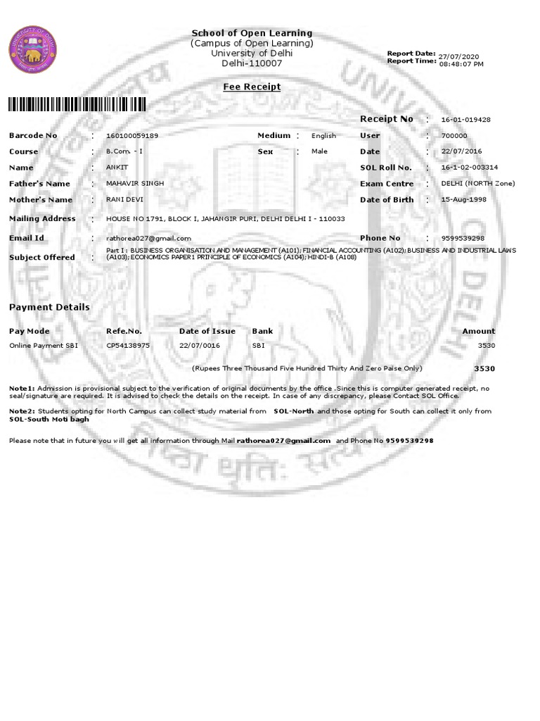 Fee receipt 1st year pdf receipt service industries