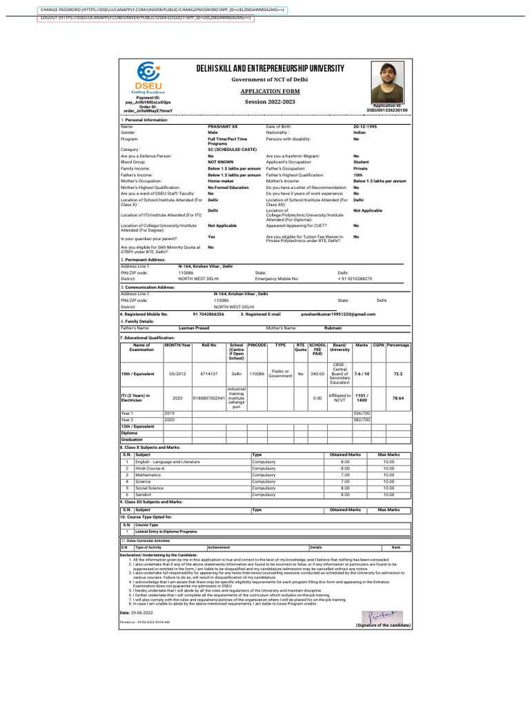 Delhi Skill and Entrepreneurship University Application Form Session
