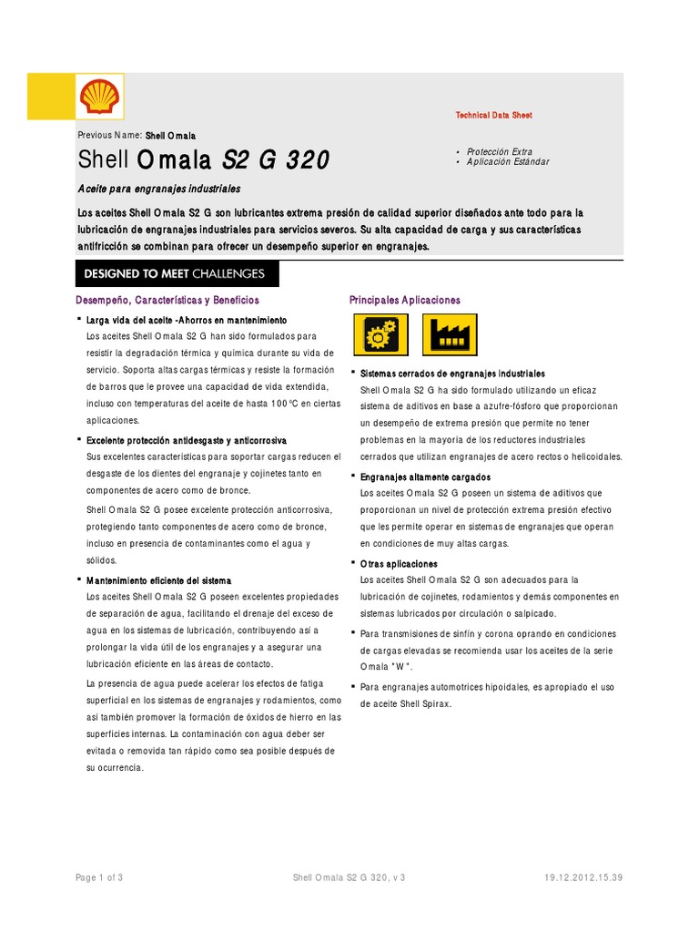 Ficha Técnica Shell Omala S2 G 320 | PDF | Engranaje | Lubricante