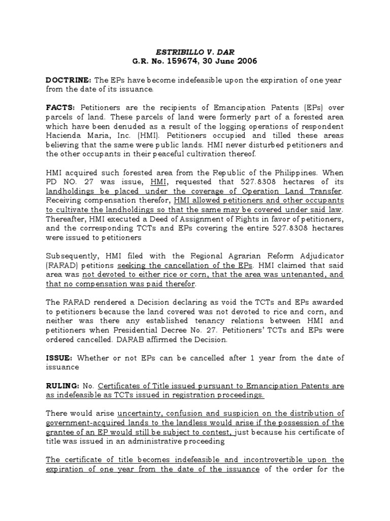 Indefeasibility of Emancipation Patents Estribillo v. Dar PDF