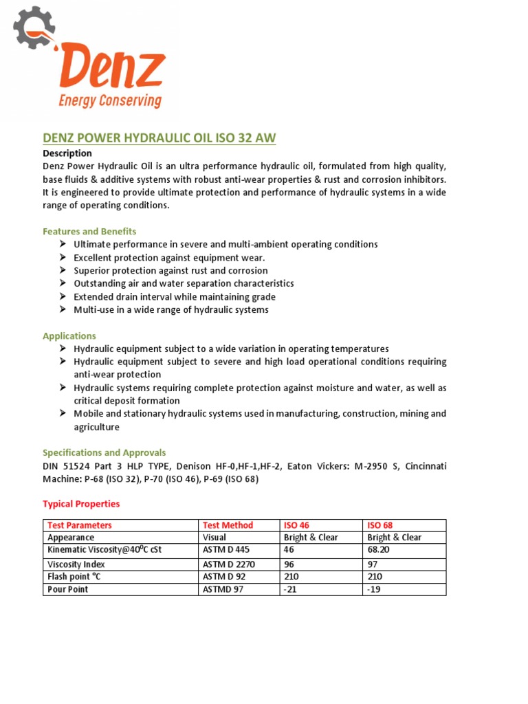 Denz Power Hydraulic Oil ISO 32 AW | PDF | Technology & Engineering