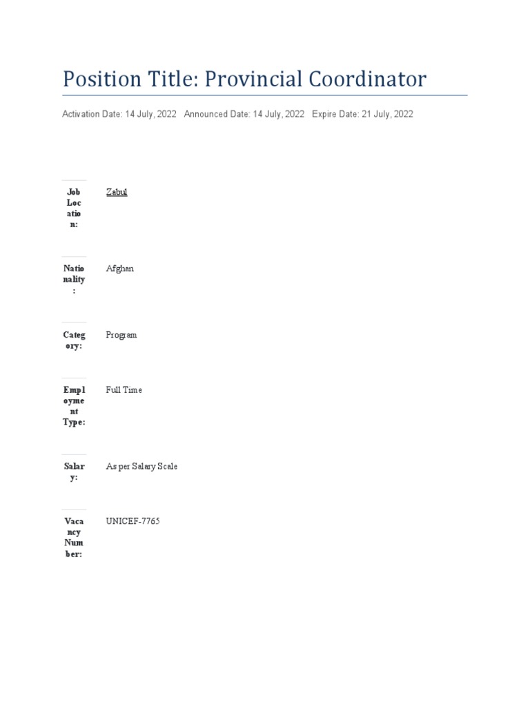 Position Title: Provincial Coordinator | PDF | Business