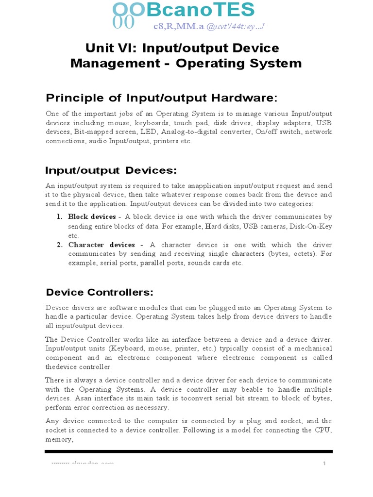 Unit VI: Input/output Device Management - Operating System | PDF ...
