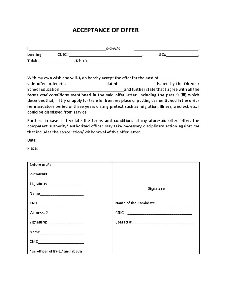 Format of Acceptance of Offer (PST - JEST) | PDF for Free Printable Offer And Acceptance Form
