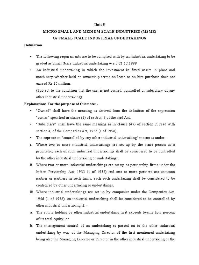 Unit 5 Micro Small and Medium Scale Industries (Msme) or Small Scale