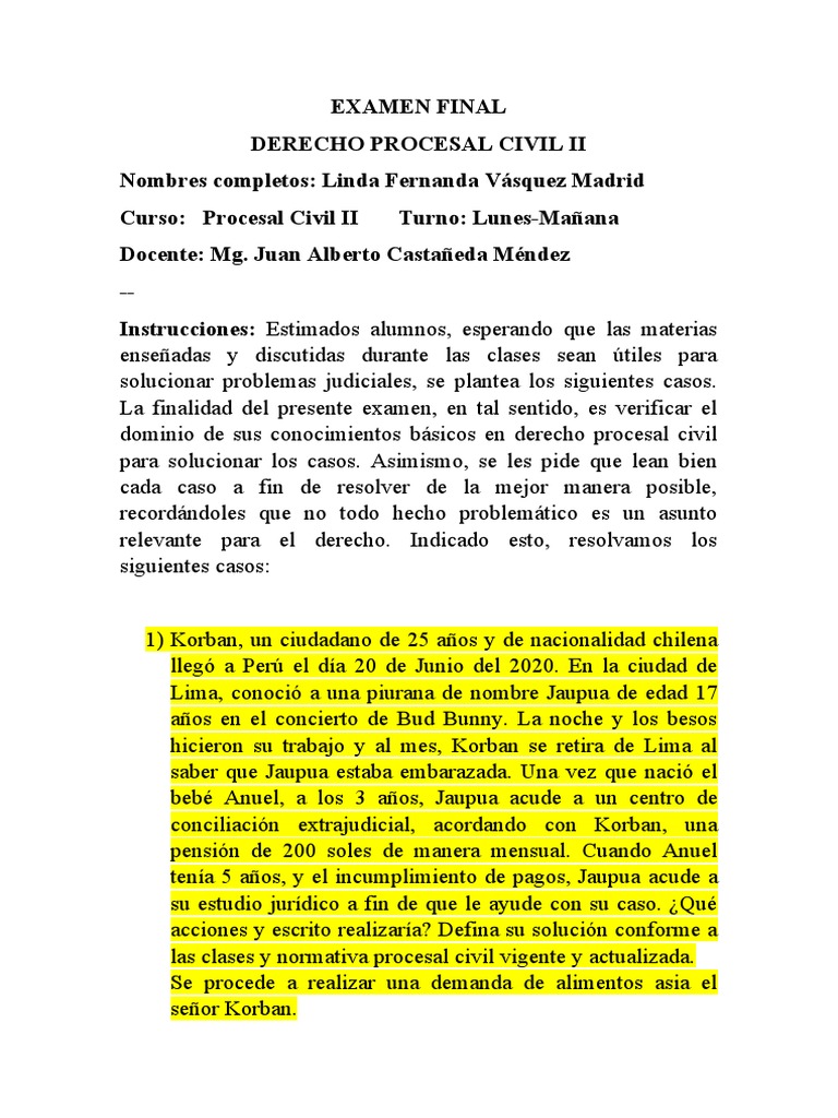 Examen Derecho Procesal Civil II | PDF | Demanda judicial | Ley procesal