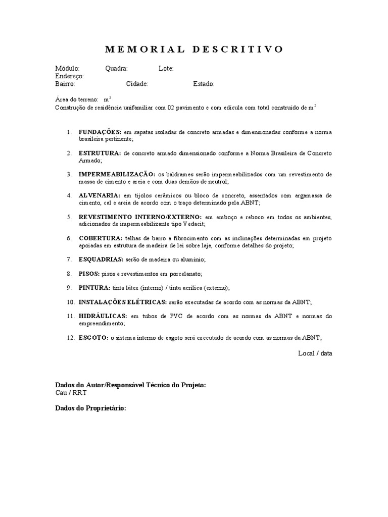 Memorial Descritivo de Residência Unifamiliar | PDF