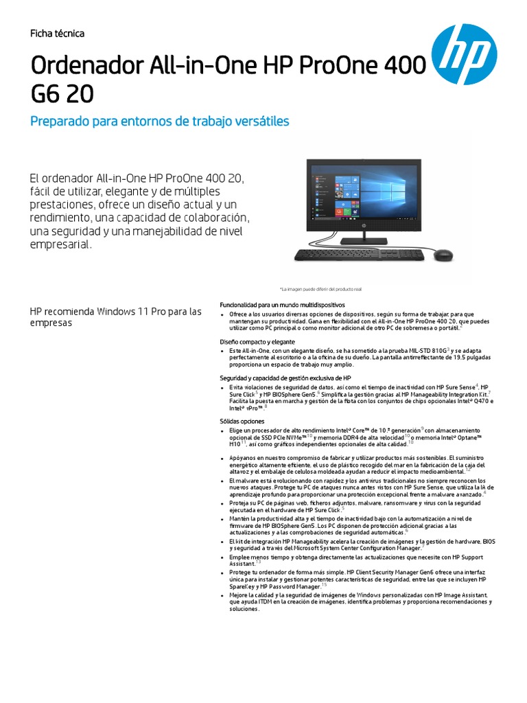 Ordenador AllInOne HP Proone 400 G6 20 Preparado para Entornos de