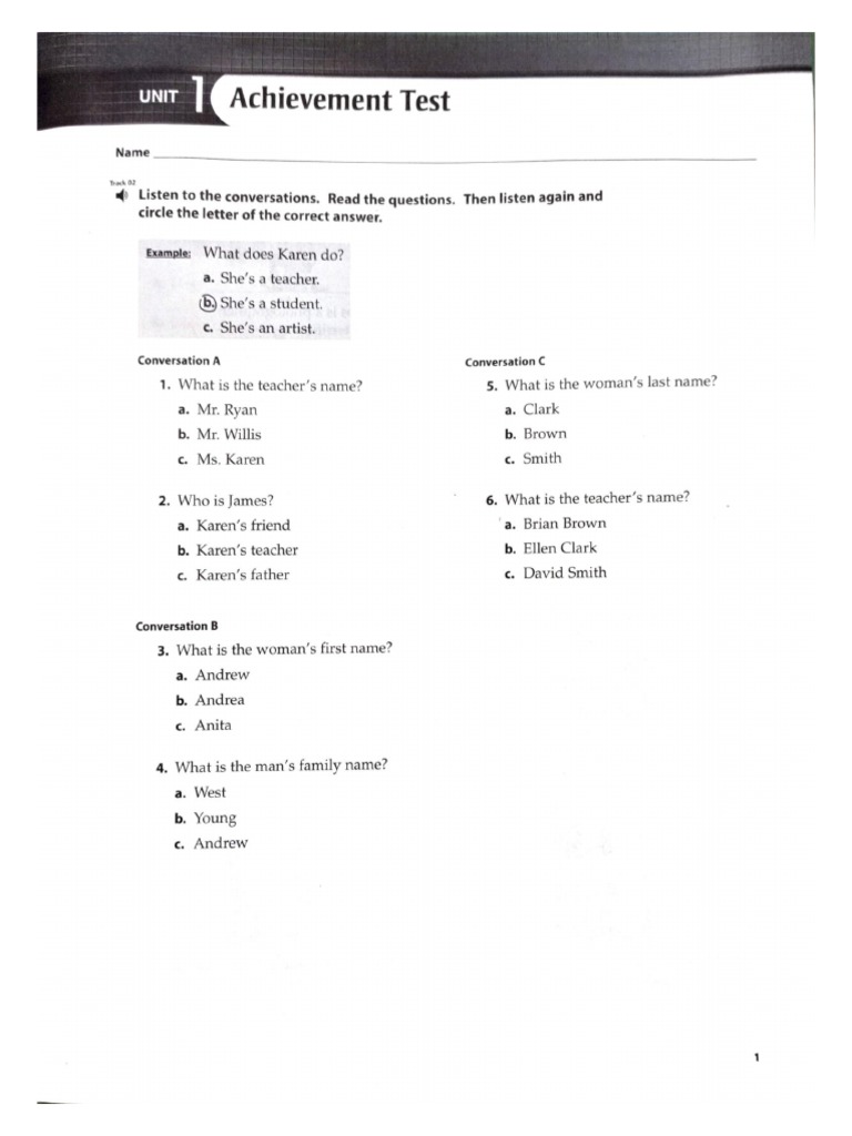 Top Notch 1 Achivement Test Unit 1 PDF