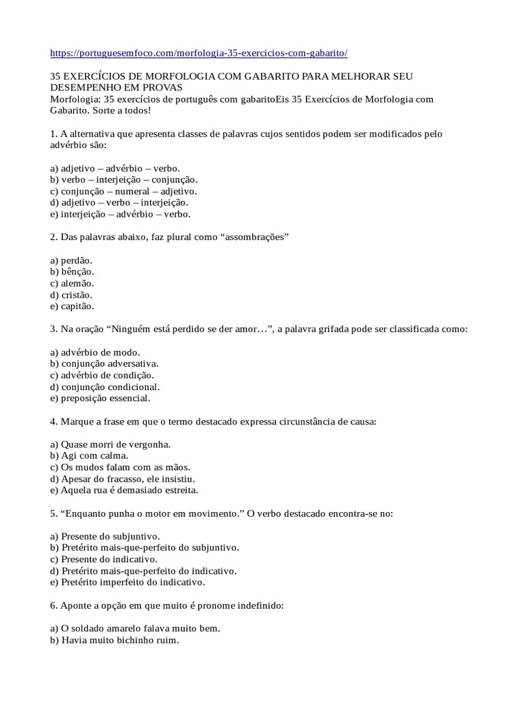 Exercícios de Morfologia com Gabarito | PDF | Pronome | Substantivo