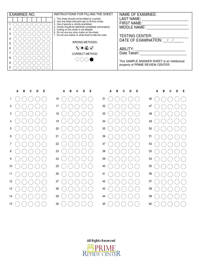 60-Item Multiple Choice Answer Sheet | PDF