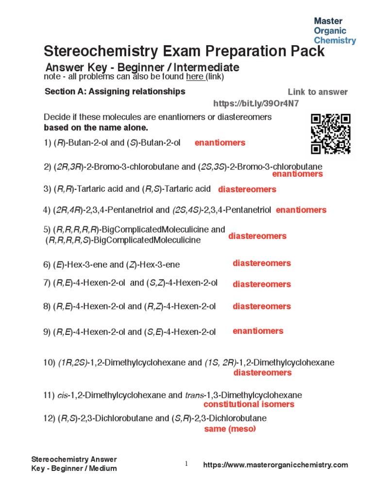 4 Stereochemistry Answer Key Medium | PDF | Chirality (Chemistry) | Isomer