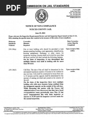 Texas Commission On Jail Standards - Non Compliance 2022 For Nueces County  Jail | PDF