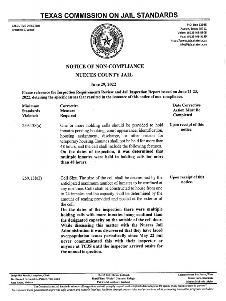 Texas Commission On Jail Standards Non Compliance 2022 For Nueces
