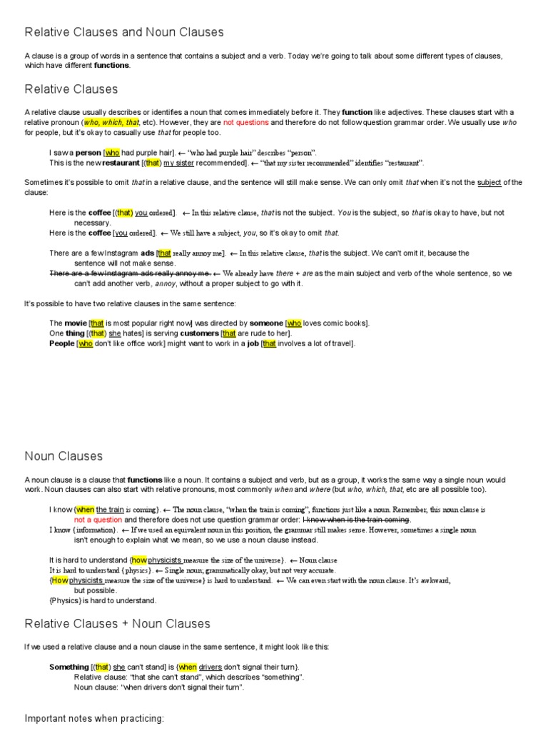 Relative Clauses and Noun Clauses: Not Questions | PDF | Clause ...