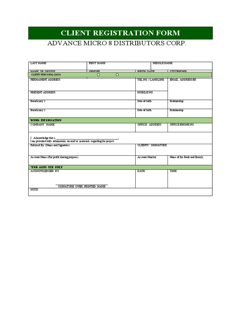 Client Registration Form: Advance Micro 8 Distributors Corp | PDF | Law