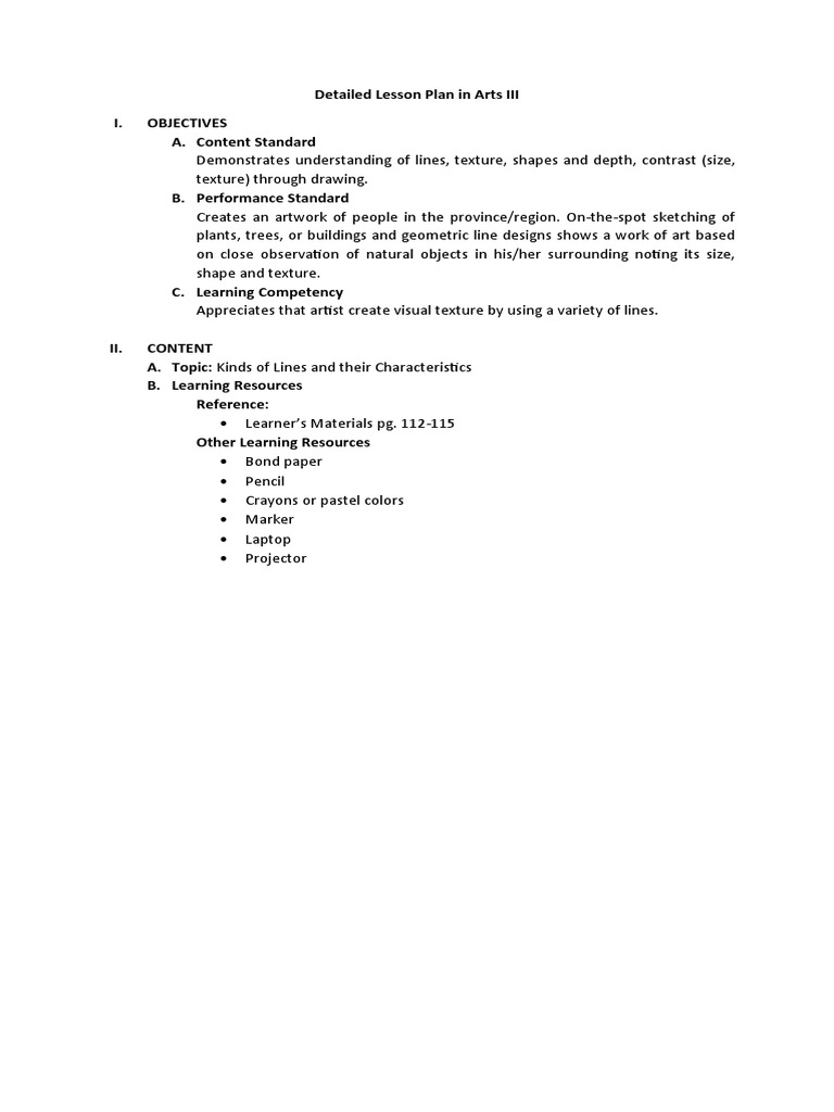 Grade 3 Detailed Arts Lesson Plan | PDF | Drawing | Length