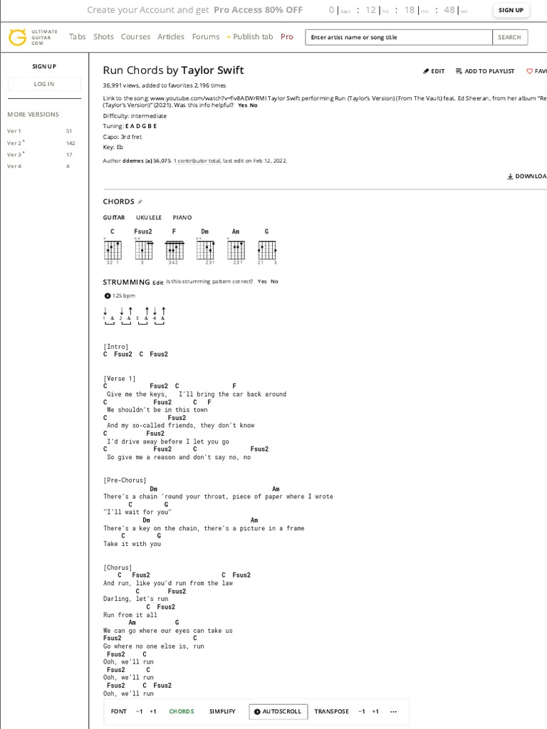 RUN CHORDS (Ver 2) by Taylor Swift @ | PDF | Song Structure | Guitars