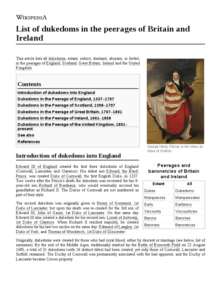 List of Dukedoms in The Peerages of Britain and Ireland (Wikipedia