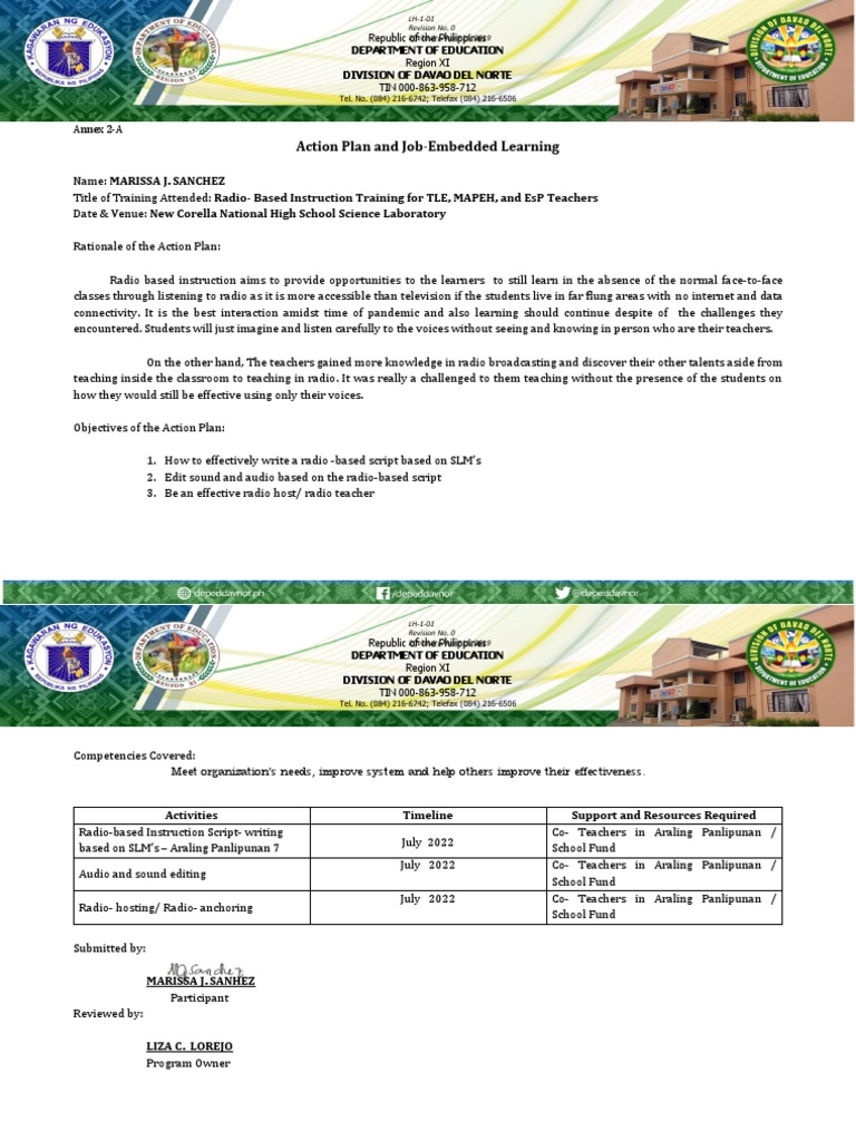 Action Plan and Job-Embedded Learning: Annex 2-A | PDF | Learning ...