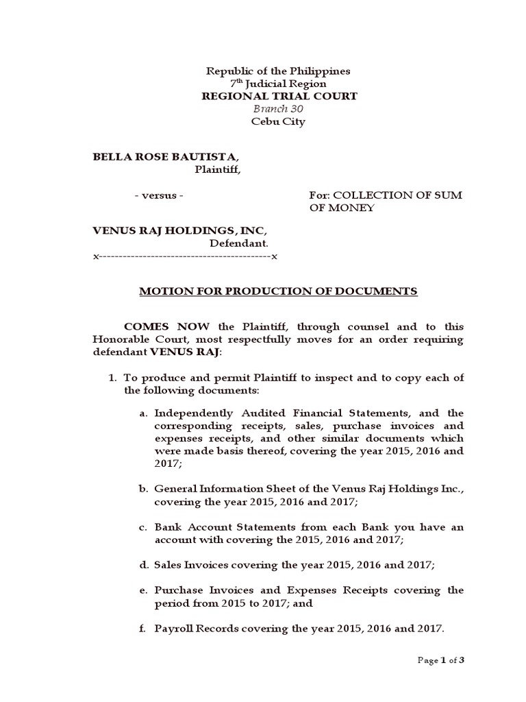 Motion For Production Of Documents Dydelacruz Legalforms Pdf