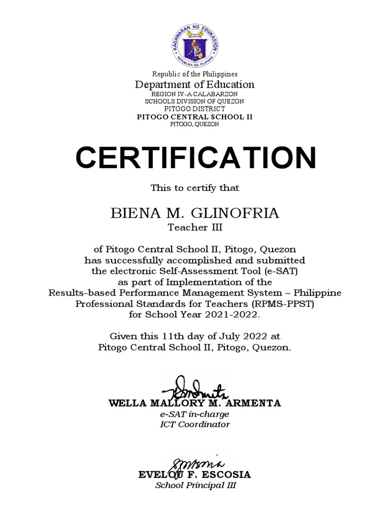 e-SAT Certification for Teacher III | PDF