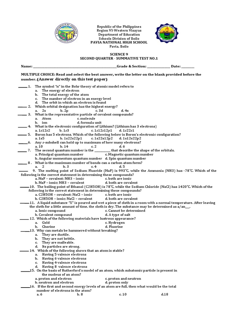 Science 9 Quarter 2 Test Guide | PDF | Chemical Bond | Atomic Orbital