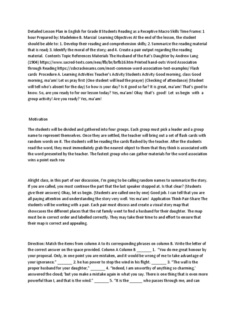 Detailed Lesson Plan For Me | PDF | Lesson Plan | Cognition