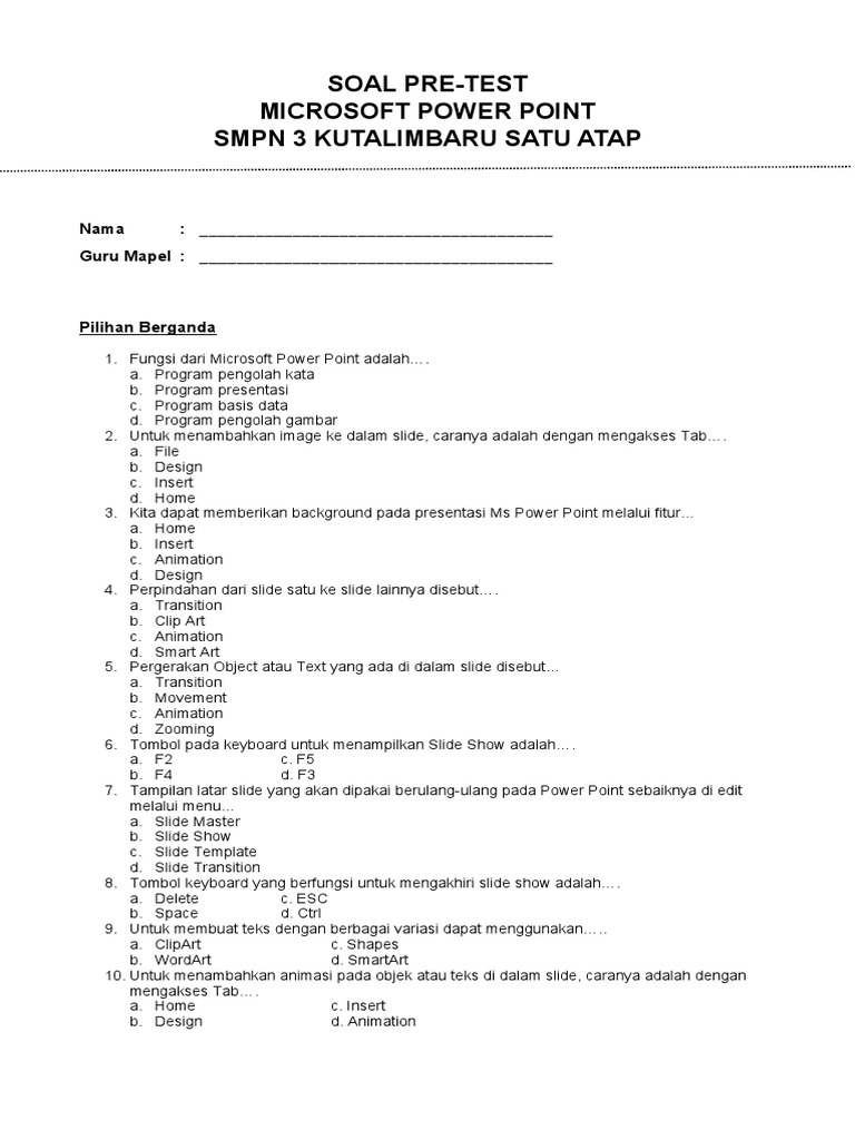 Soal Pre-Test PowerPoint SMPN 3 | PDF