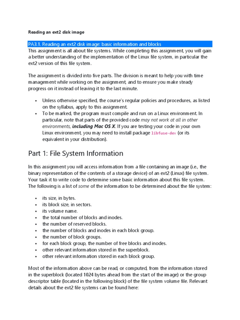 Part 1 File System Information PA3.1. Reading An Ext2 Disk Image