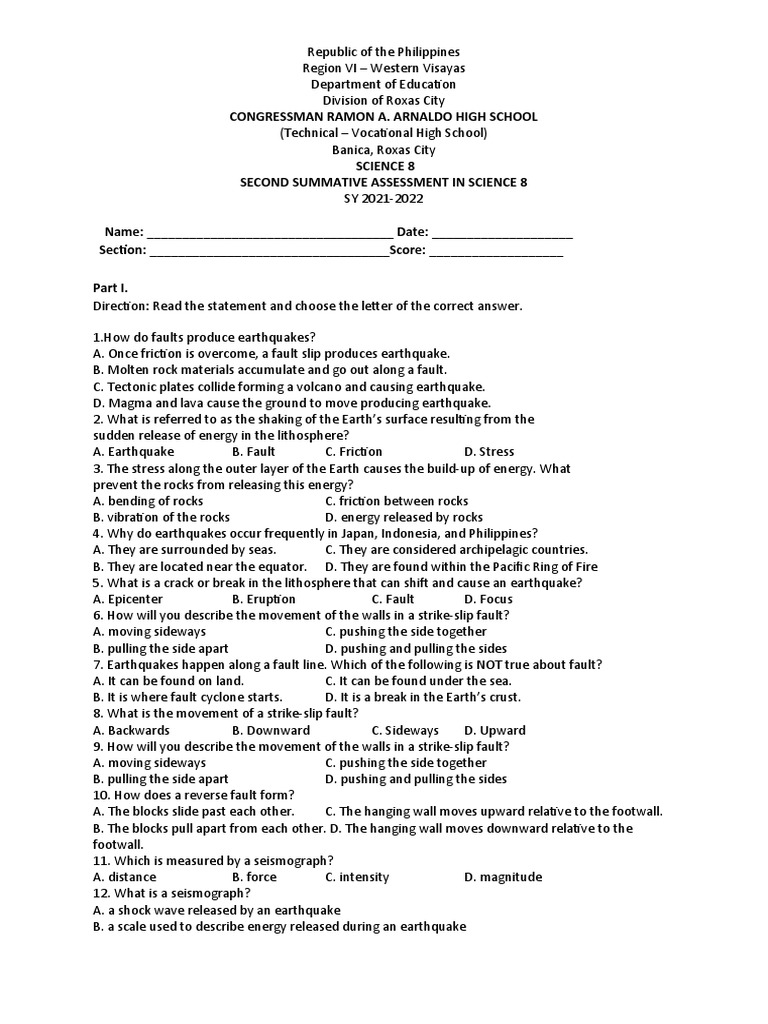 2nd SUMMATIVE ASSESSMENT IN SCIENCE 8 | PDF | Earthquakes | Fault (Geology)