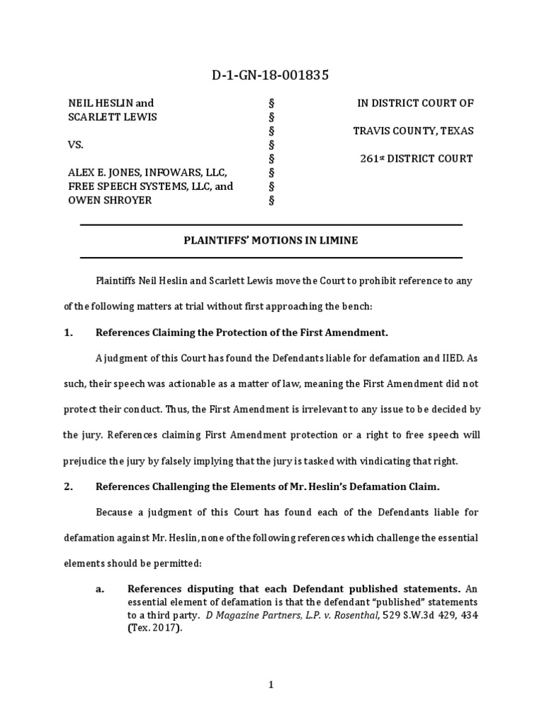 2022.04.13 PLTF Motions in Limine PDF Defamation Discovery (Law)